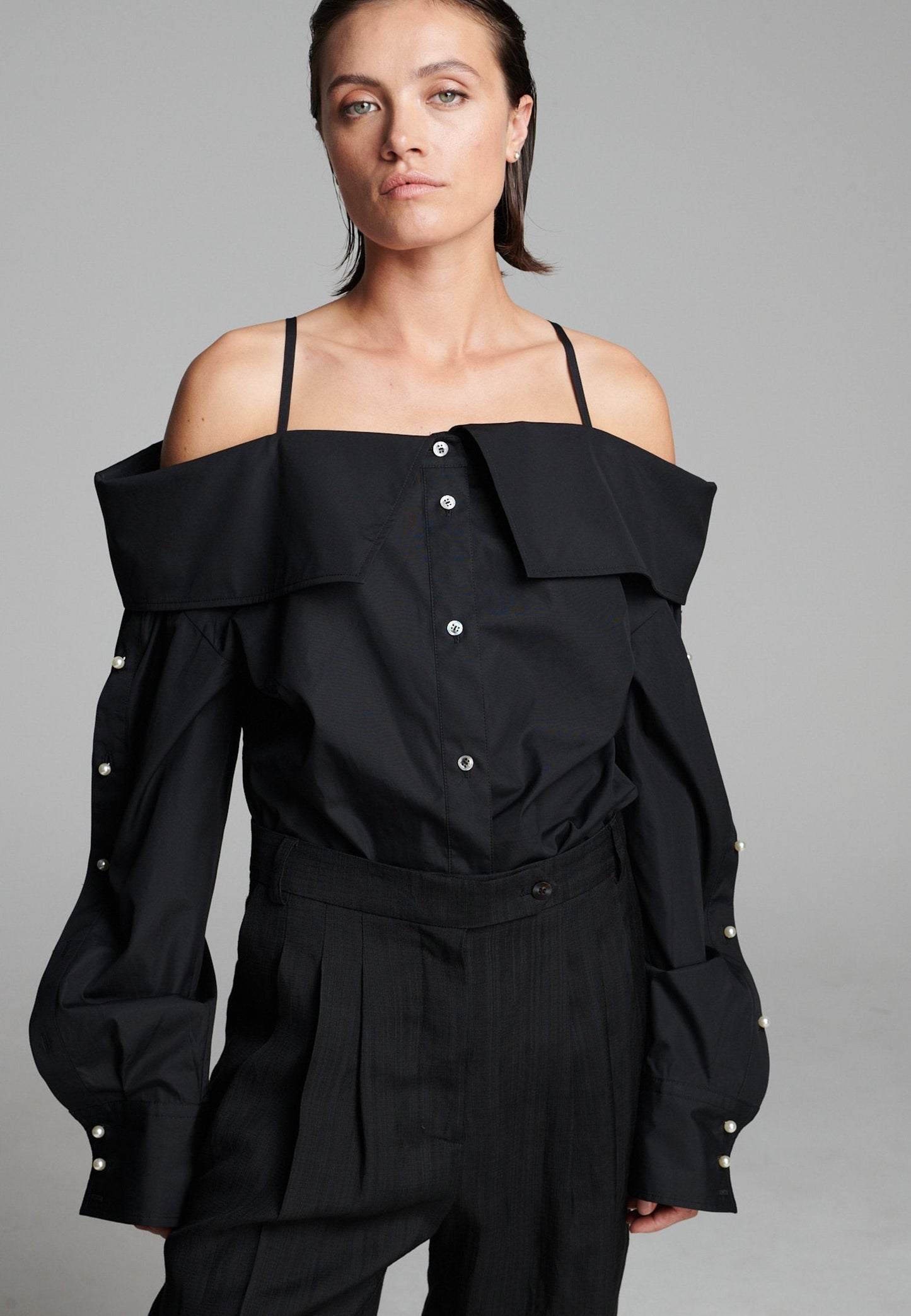 Snap Spagetti Strap Shirt Black