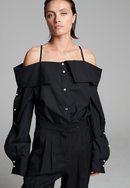 Snap Spagetti Strap Shirt Black