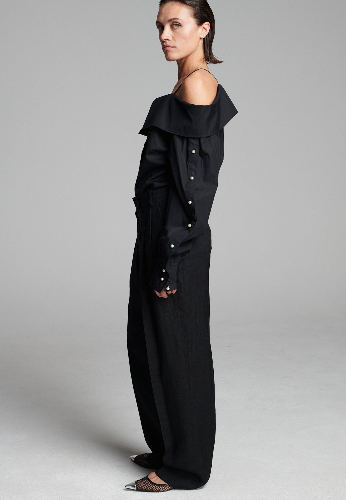 Snap Spagetti Strap Shirt Black